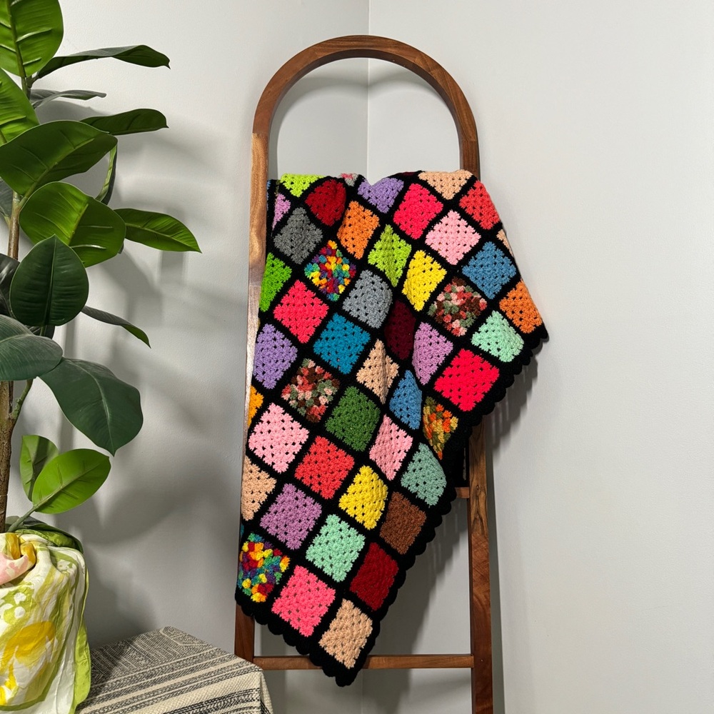 Vintage Multicolored Handmade Hand Knit Granny Square Throw Blanket